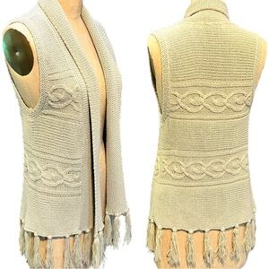 VINTAGE earthy cableknit sweater open front fringe cardigan neutral beige hippie
